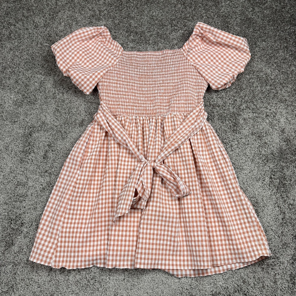 Mustard Seed Womens Dress M Pink Gingham Puff Sleeve Cottagecore Milkmaid Ruched - Picture 13 of 13